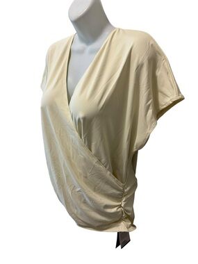 V Neck Cap Sleeve Crossover Ruched Solid Work Blouse Sz XL Vague Yellow Summer